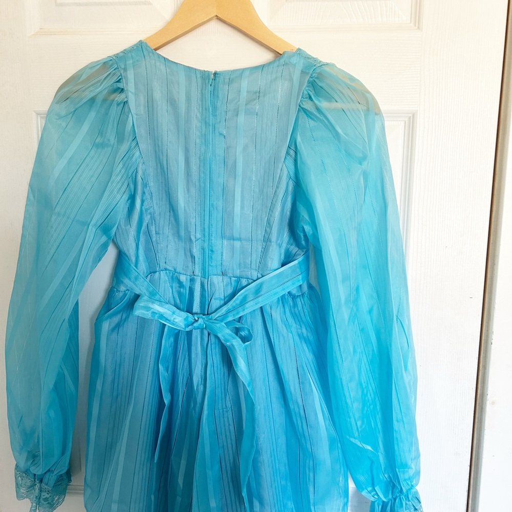 Vintage 1970’s Blue Pantel Maxi Dress Long Sleeve Lace Trim Fairycore Trad-wife - Picture 6 of 14